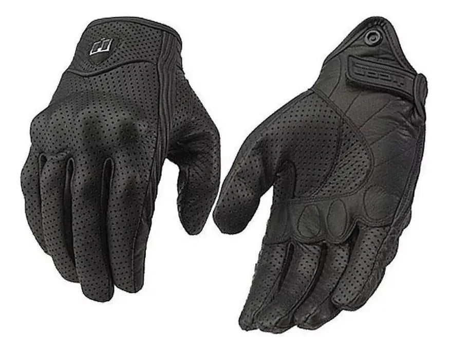 Guantes Moto Icon Pursuit Cuero Negro Perforado con Protector Nudillos Negro